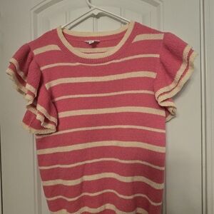 Chic Striped Ruffle Sleeve Blouse in Pink and Cream